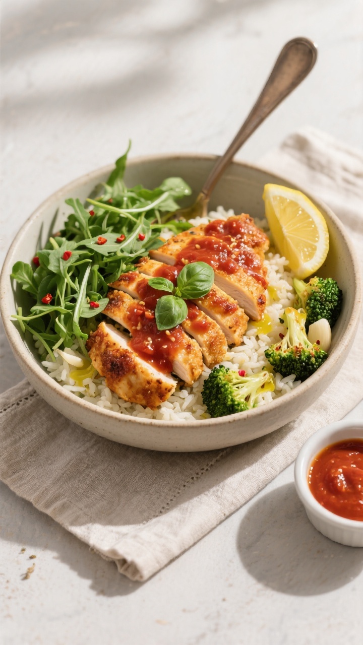 Tasty top view: Overhead shot of assembled Chicken Parmesan bowl with garlic butter rice base, slice