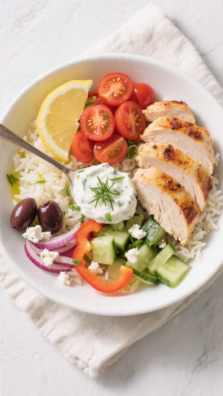 Tasty top view: Overhead shot of assembled Greek Chicken Bowl—fluffy basmati rice base, sliced sea