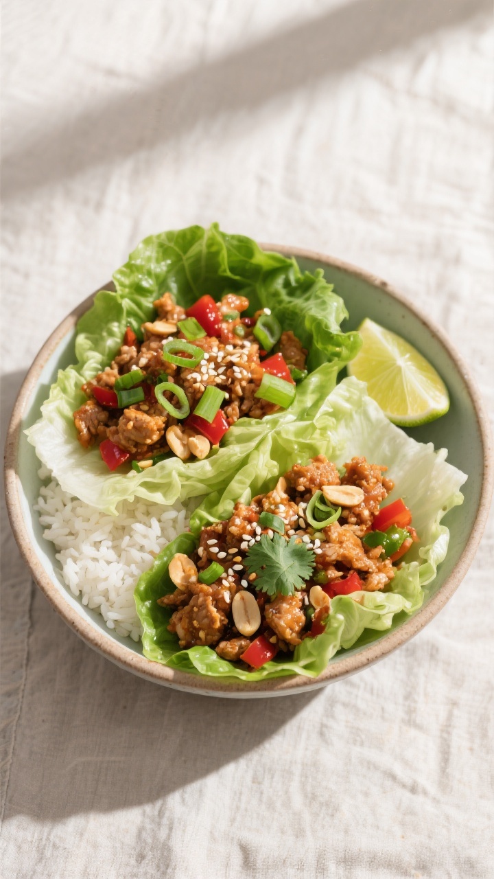 Tasty top view: Overhead shot of assembled ground chicken lettuce wrap bowls—half jasmine rice, ha