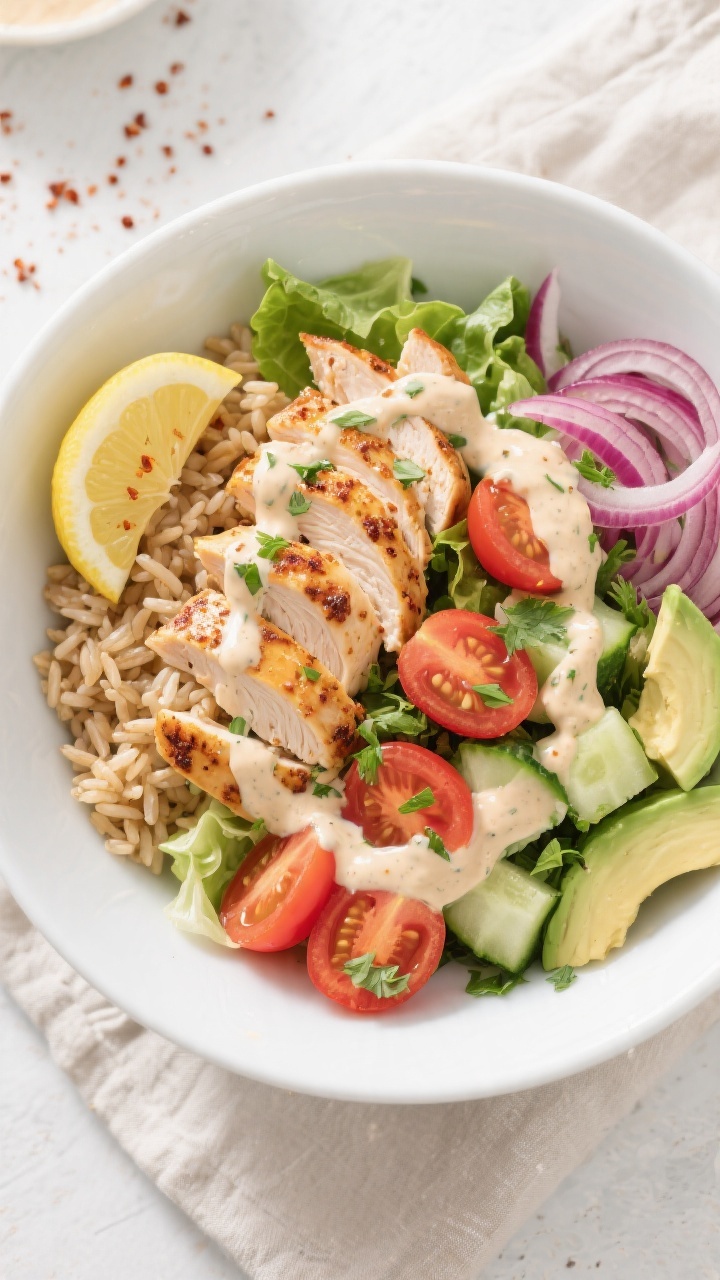 Tasty top view: Overhead shot of assembled Healthy Chicken Shawarma Bowl—half brown rice, half cho