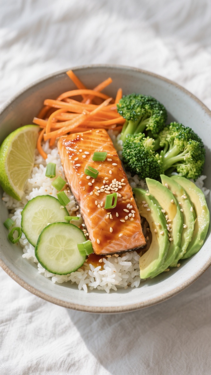 Tasty top view: Overhead shot of assembled Honey Soy Glazed Salmon Bowl—jasmine rice base with a l