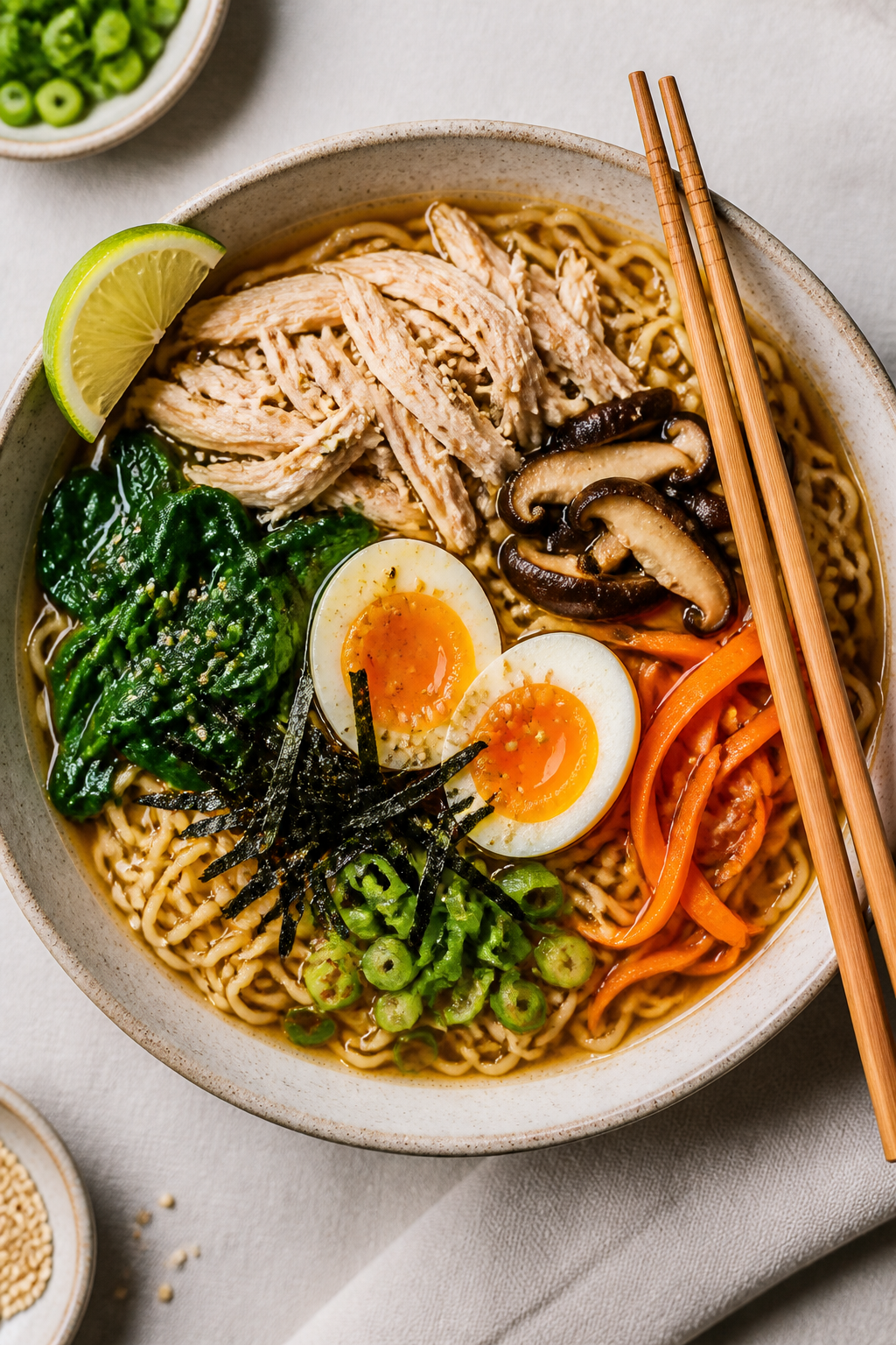 Tasty top view: Overhead shot of assembled Sesame Ginger Chicken Ramen in a wide ceramic bowl—spri