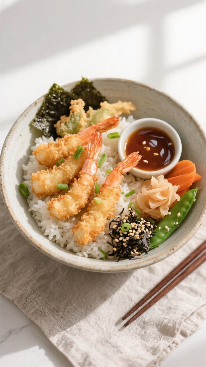 Tasty top view: Overhead shot of assembled shrimp tempura rice bowl—fluffy short-grain rice topped