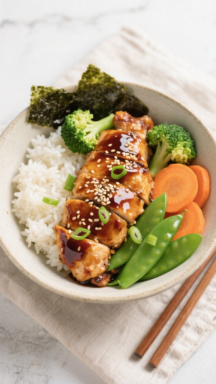 Tasty top view: Overhead shot of assembled teriyaki chicken rice bowl—fluffy jasmine rice on one s