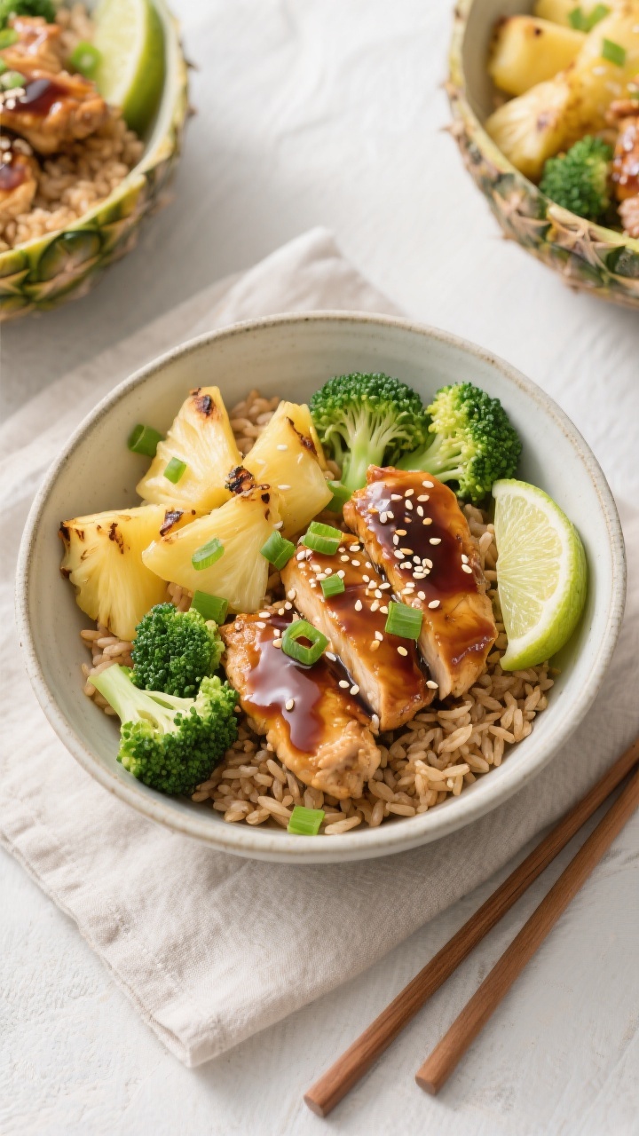 Tasty top view: Overhead shot of assembled teriyaki chicken bowls (regular ceramic bowls, no pineapp