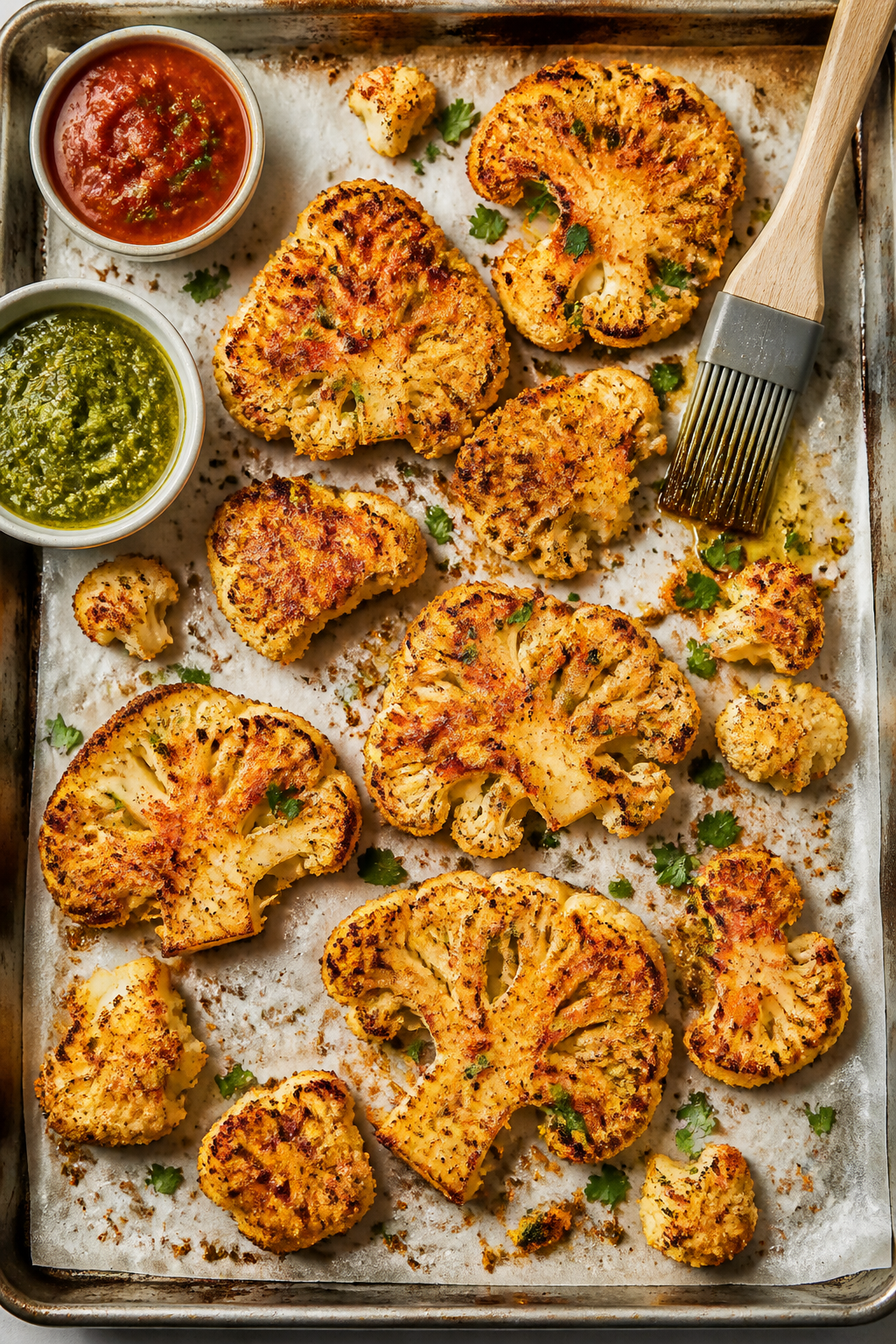 Tasty top view: Overhead shot of baked Parmesan cauliflower cutlets on a parchment-lined sheet pan, 