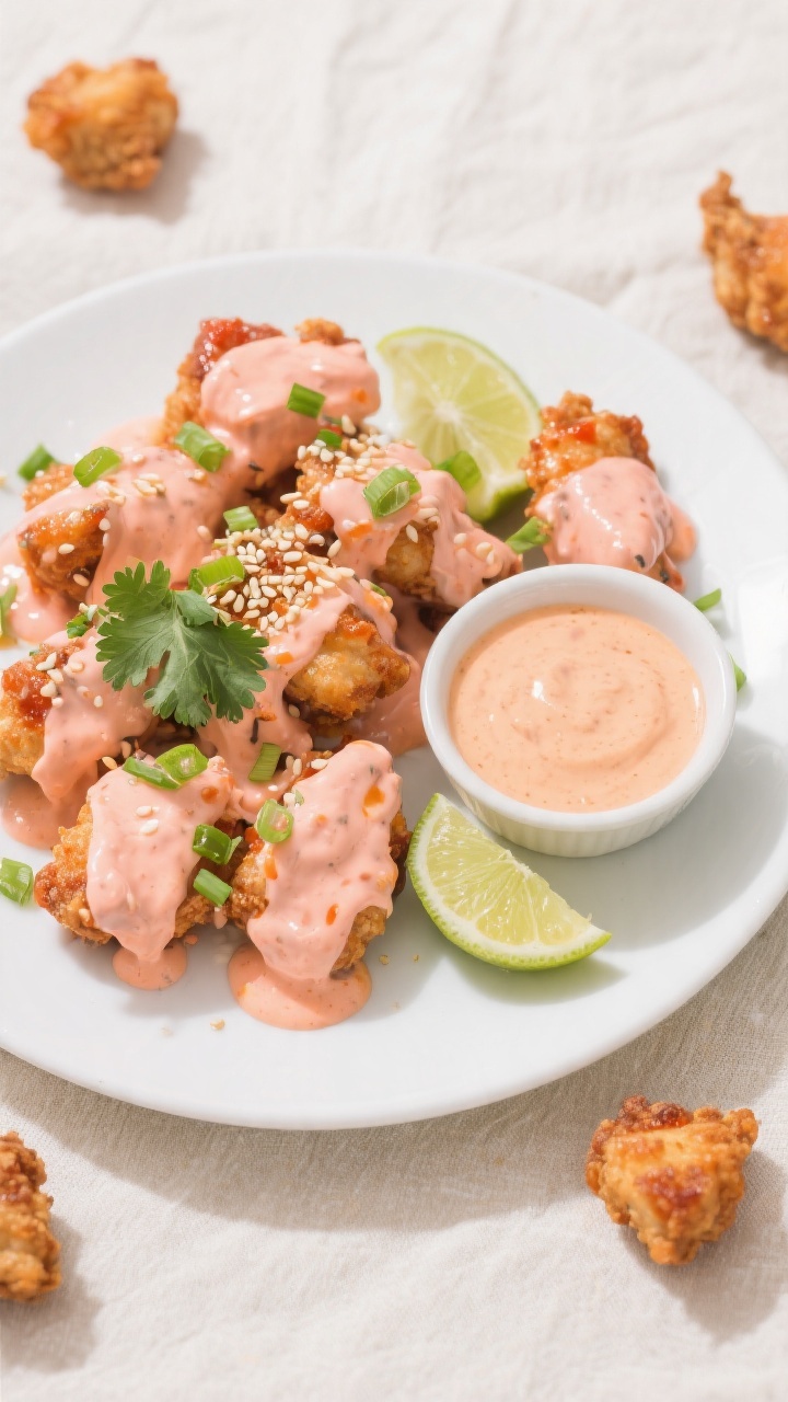 Tasty top view: Overhead shot of Bang Bang chicken bites lightly tossed in creamy pink-orange sauce
