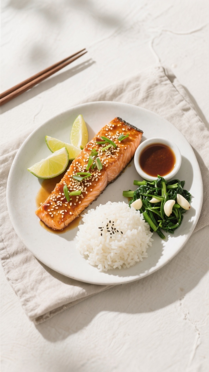 Tasty top view: Overhead shot of beautifully plated miso honey salmon on a matte white plate, garnis