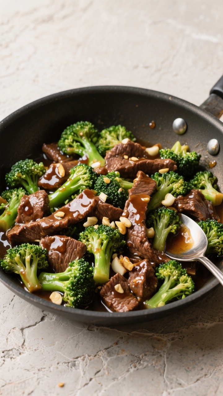 Tasty top view: Overhead shot of Beef and Broccoli just after saucing in a stainless skillet, showin