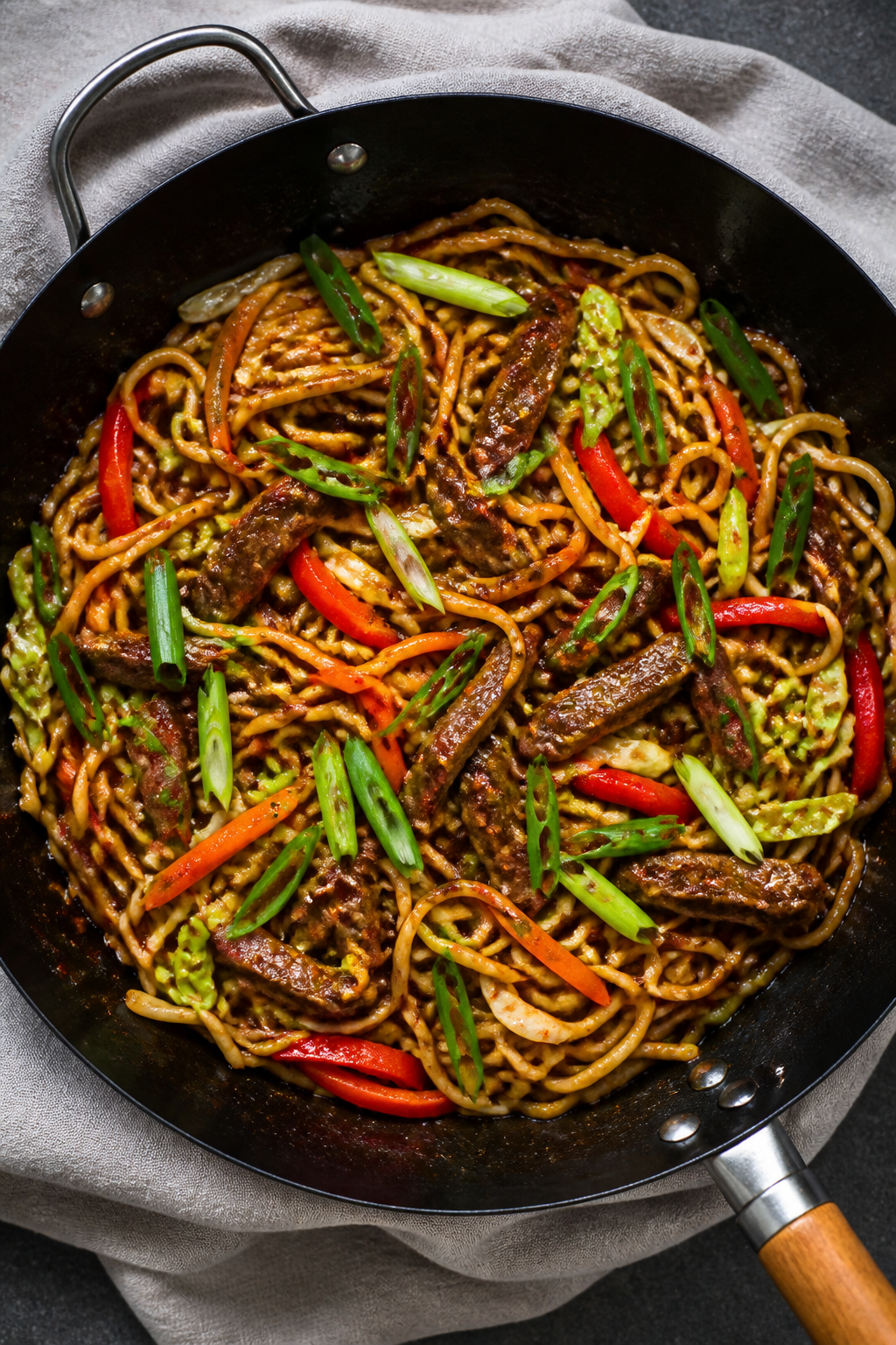 Tasty top view: Overhead shot of beef lo mein just finished in the wok, bouncy wheat noodles evenly 