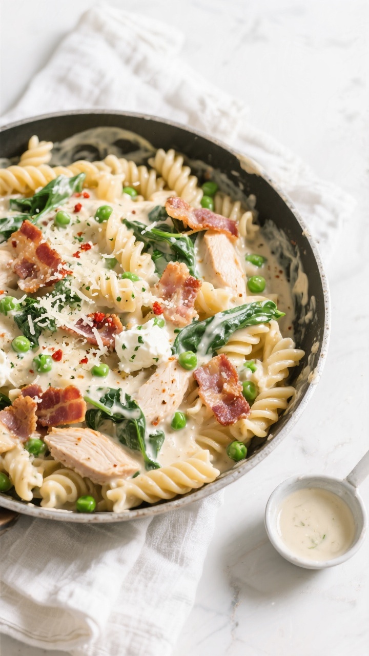 Tasty top view: Overhead shot of Chicken Bacon Ranch Protein Pasta just tossed in the skillet—roti