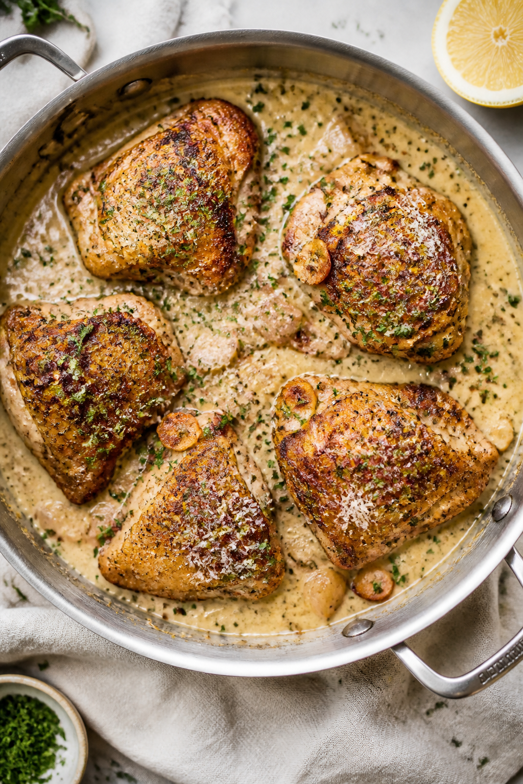 Tasty top view: Overhead shot of chicken thighs with garlic cream sauce nestled in a wide sauté pan