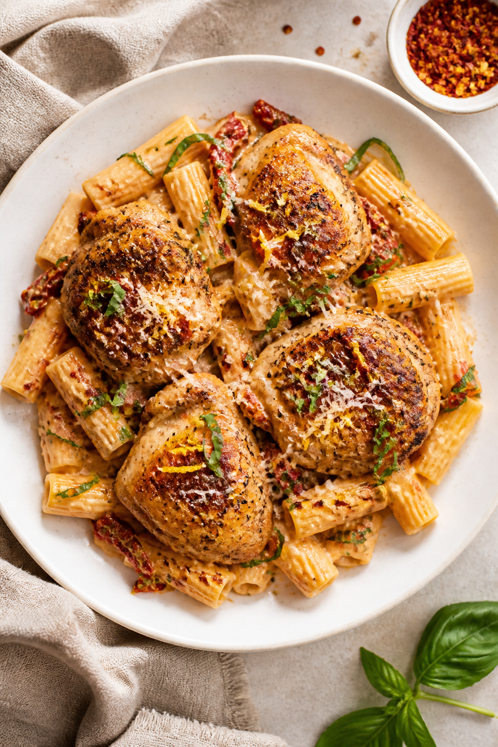 Tasty top view: Overhead shot of Chicken Thighs with Creamy Sun-Dried Tomato Sauce served over al de