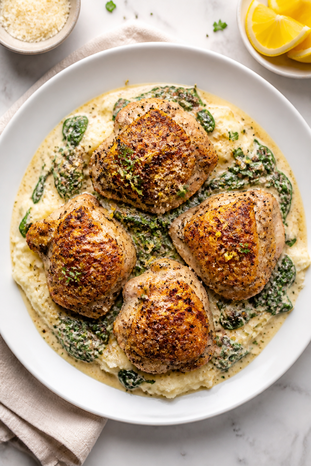 Tasty top view: Overhead shot of Creamy Spinach Chicken Thighs served over buttery mashed potatoes; 
