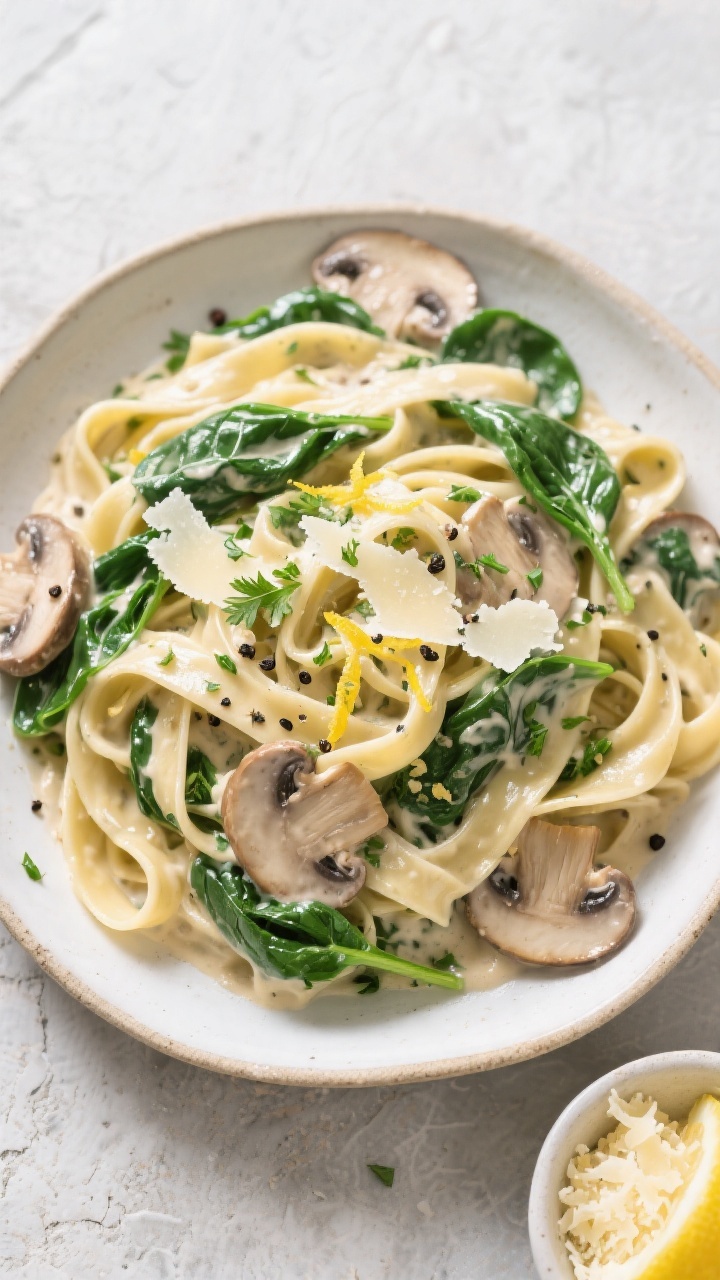 Tasty top view: Overhead shot of creamy spinach mushroom pasta tossed with fettuccine, sauce silky a
