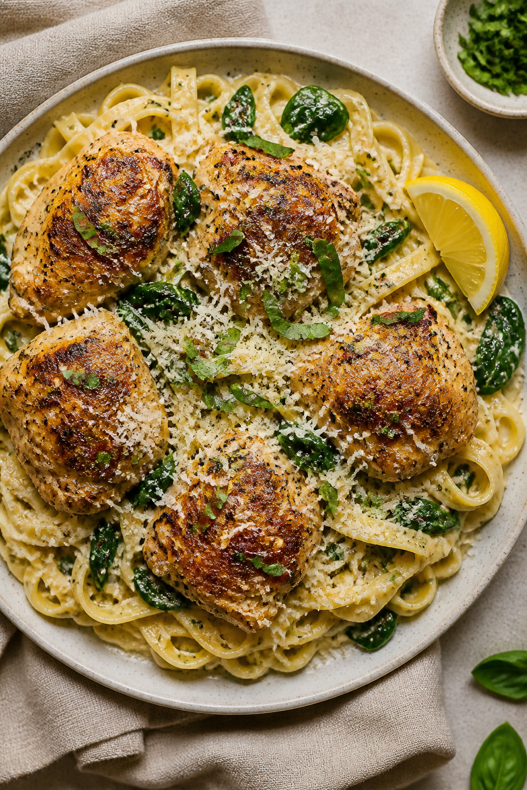 Tasty top view: Overhead shot of Creamy Tuscan Chicken Thighs served over al dente fettuccine, sauce
