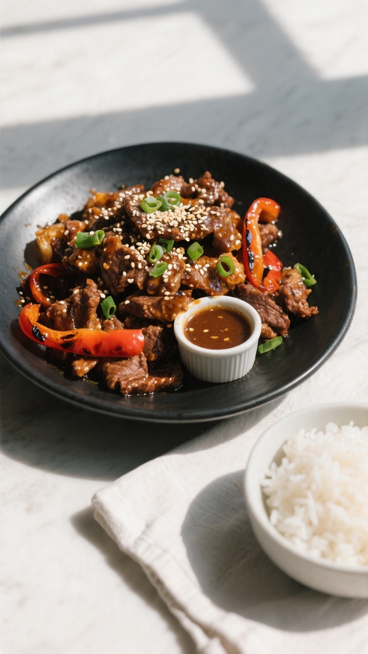 Tasty top view: Overhead shot of crispy honey chili beef served family-style in a wide matte-black b