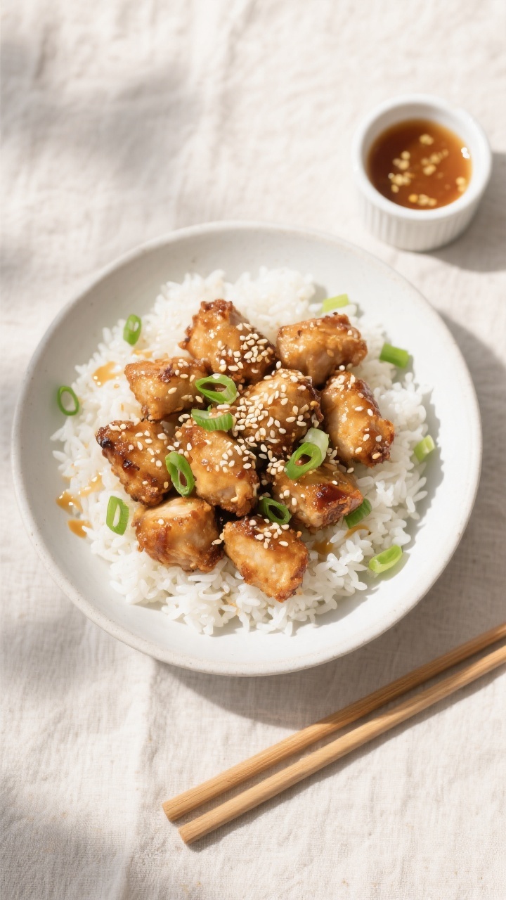 Tasty top view: Overhead shot of Crispy Sesame Chicken Bites served over fluffy jasmine rice in a wi