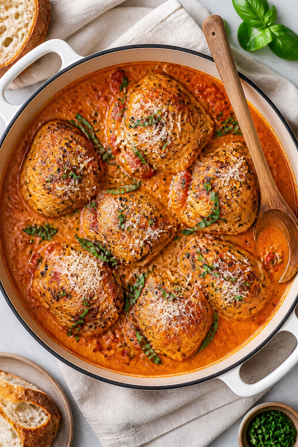 Tasty top view: Overhead shot of Easy Chicken Thighs in Creamy Tomato Sauce served family-style in a