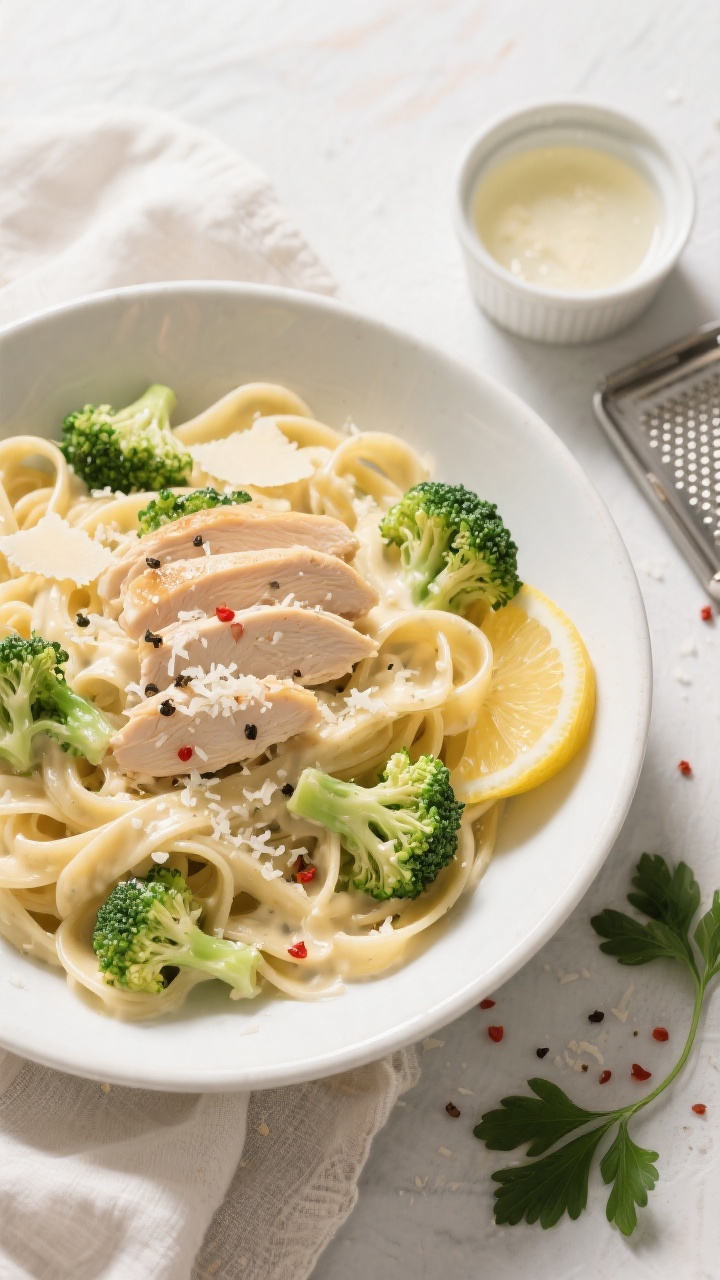 Tasty top view: Overhead shot of fettuccine tossed with creamy Alfredo sauce, juicy slices of chicke