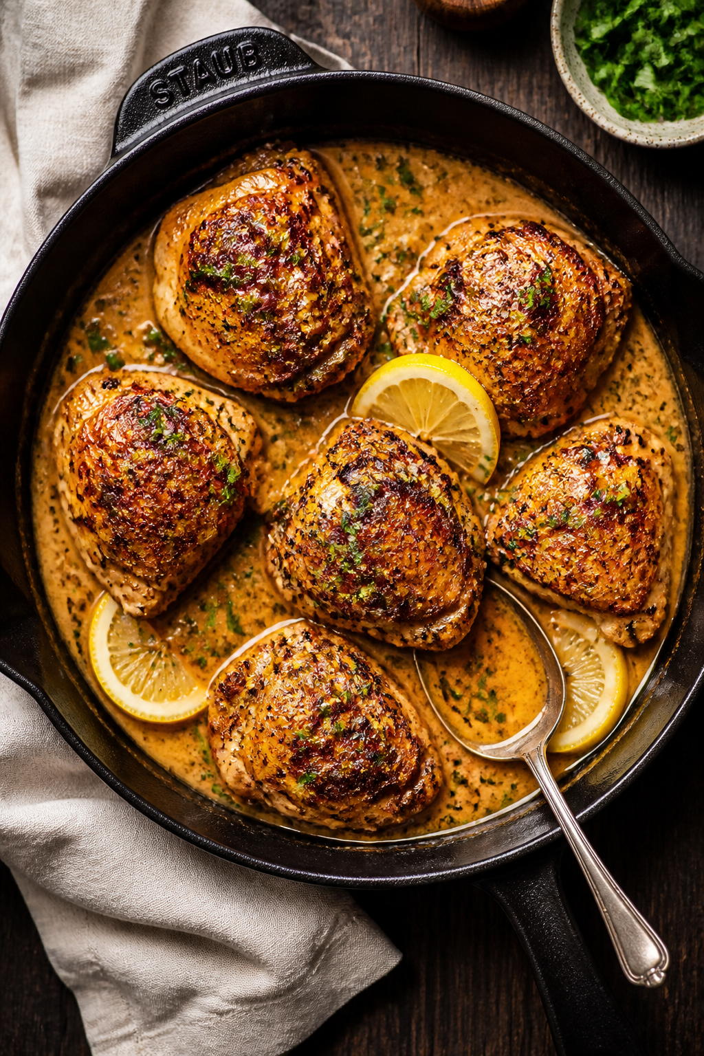 Tasty top view: Overhead shot of finished Cajun Butter Chicken Thighs nestled in a skillet of silky 