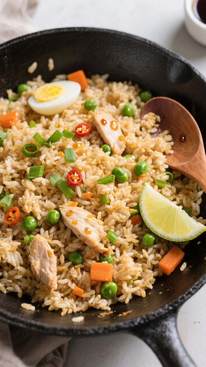 Tasty top view: Overhead shot of finished chicken fried rice served family-style in a wide black ski