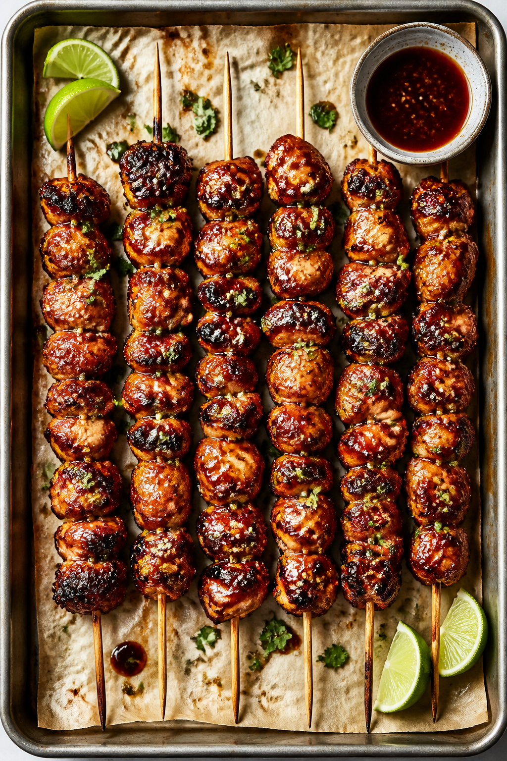 Tasty top view: Overhead shot of finished honey BBQ chicken skewers arranged in a neat row on a parc