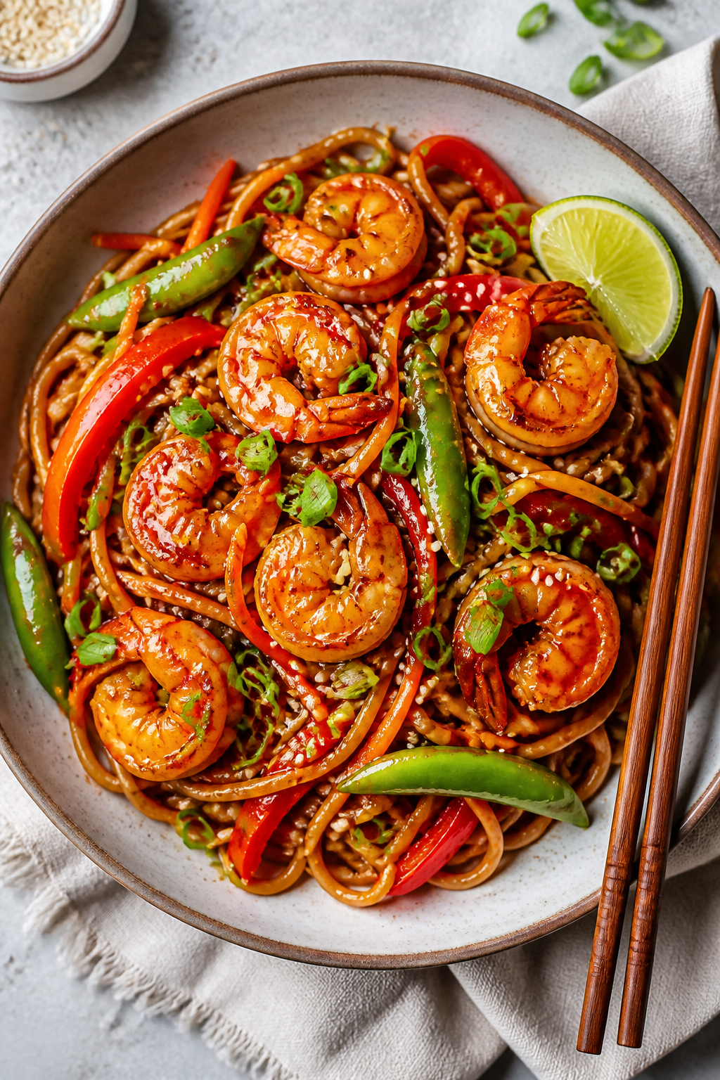 Tasty top view: Overhead shot of Firecracker Shrimp Lo Mein in a wide, shallow ceramic bowl; bouncy 