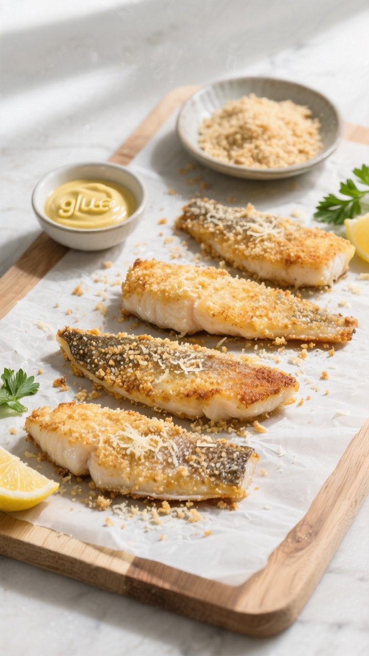 Tasty top view: Overhead shot of four cod fillets with Parmesan-breadcrumb crust arranged on a parch