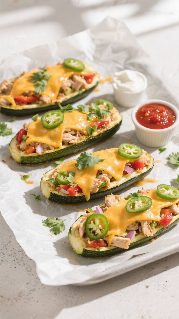 Tasty top view: Overhead shot of four stuffed zucchini boats on a parchment-lined sheet, generously