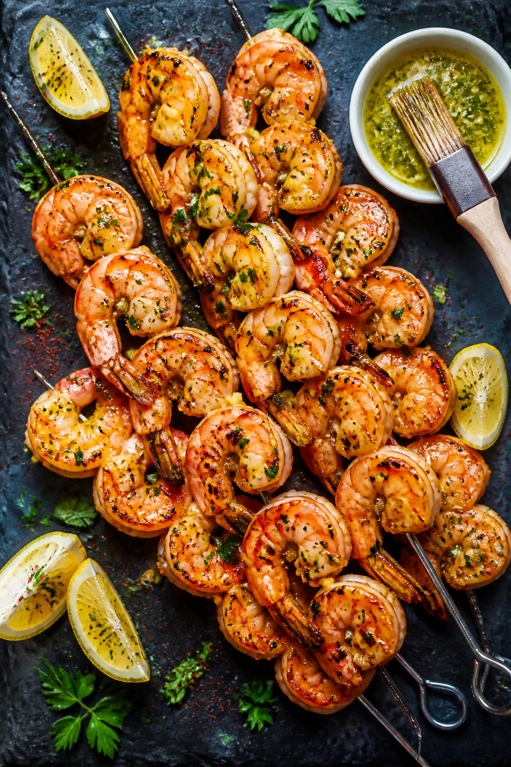 Tasty top view: Overhead shot of freshly grilled BBQ shrimp skewers arranged in a loose fan on a dar