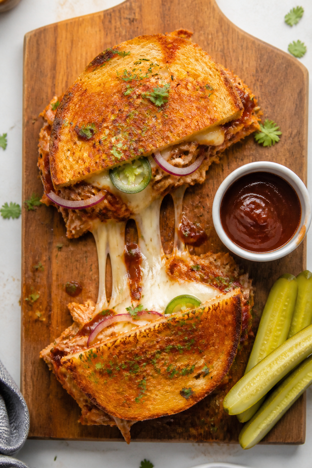 Tasty top view: Overhead shot of freshly sliced BBQ Chicken Grilled Cheese halves on a wooden cuttin