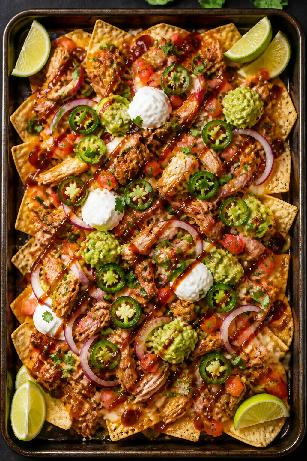 Tasty top view: Overhead shot of fully loaded BBQ chicken nachos finished with fresh toppings—thin