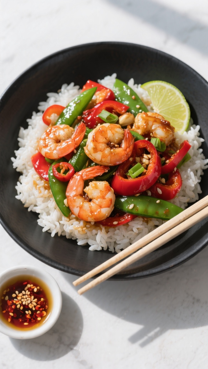 Tasty top view: Overhead shot of Garlic Chili Shrimp Stir Fry served over fluffy steamed jasmine ric