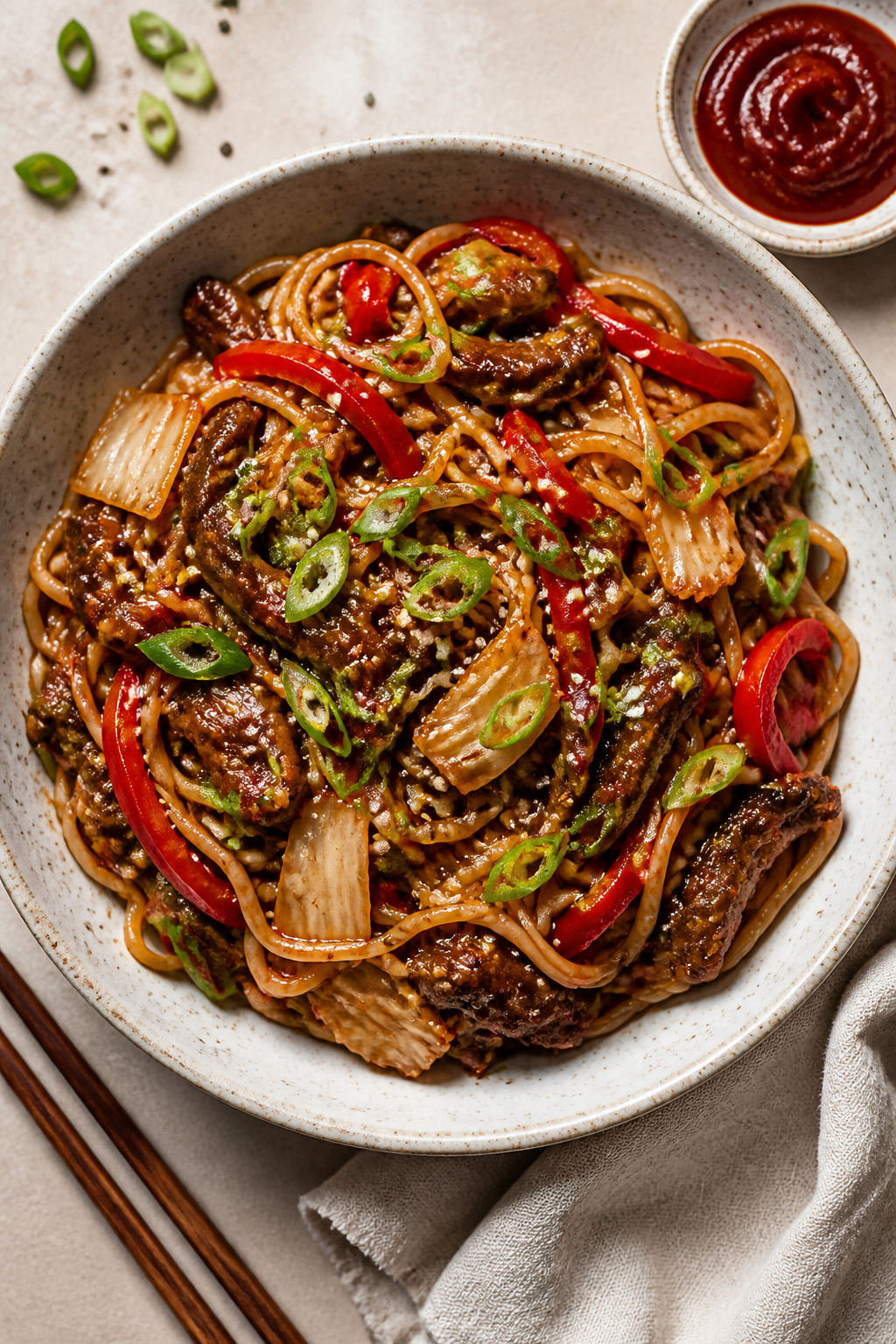 Tasty top view: Overhead shot of glossy Korean BBQ Beef Noodles twirled in a wide, shallow ceramic b