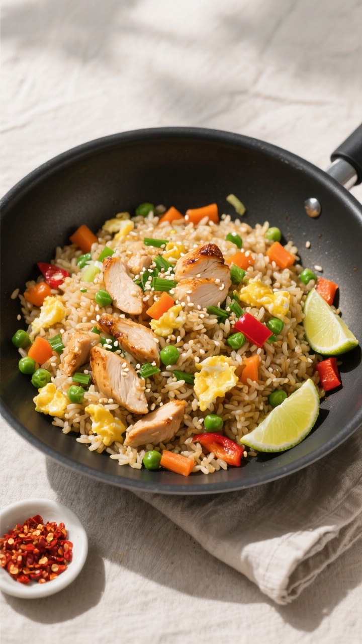 Tasty top view: Overhead shot of Healthy Chicken Fried Rice just finished in the pan, evenly coated