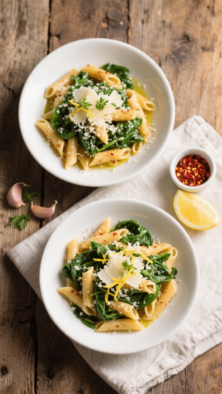 Tasty top view: Overhead shot of Healthy Garlic Parmesan Pasta Bowls served in wide, shallow white b