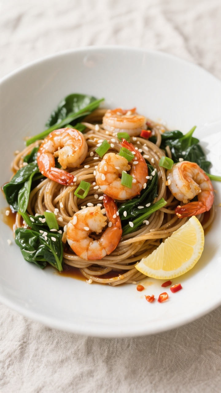 Tasty top view: Overhead shot of Healthy Honey Garlic Shrimp Pasta in a wide shallow white bowl, who