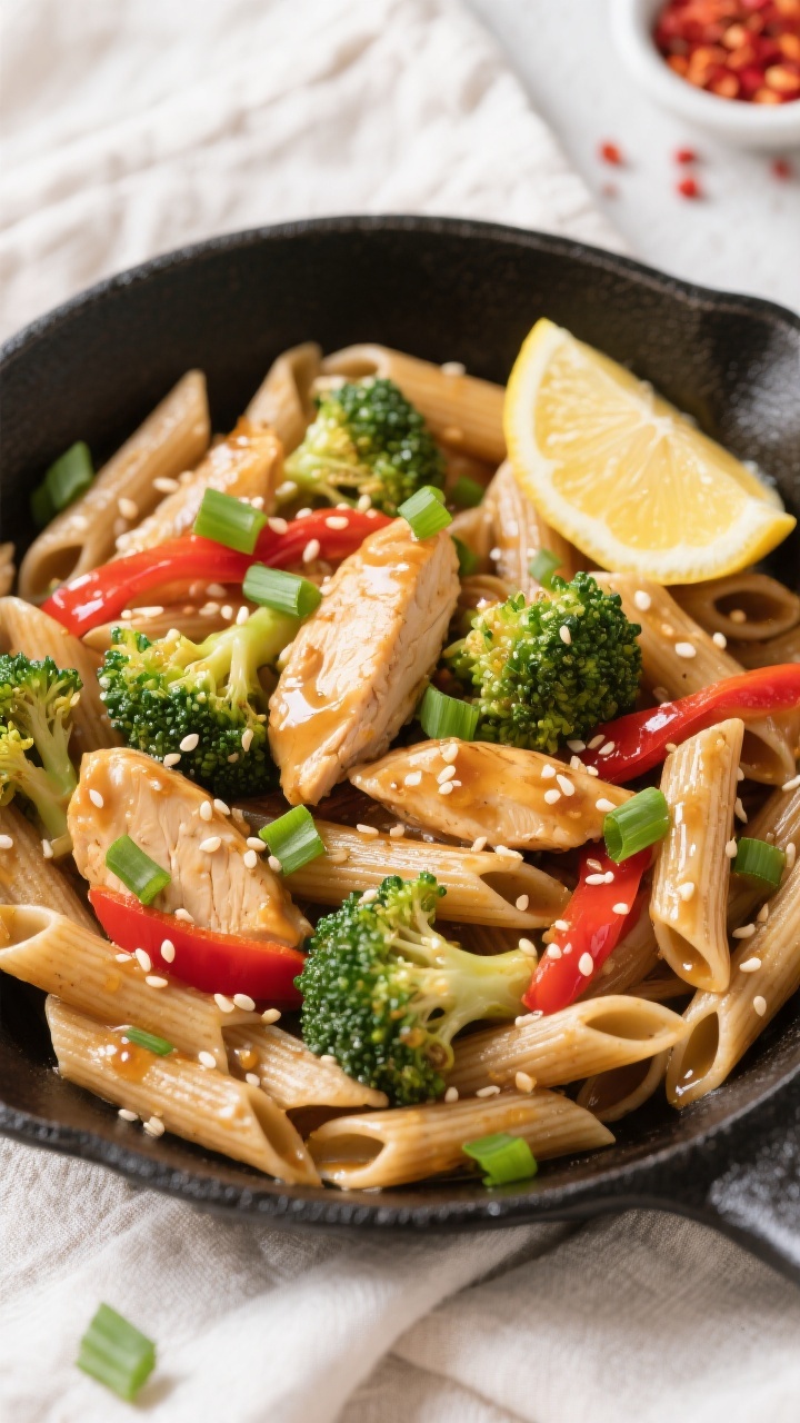 Tasty top view: Overhead shot of Healthy Honey Garlic Chicken Pasta just tossed in the pan—whole-w