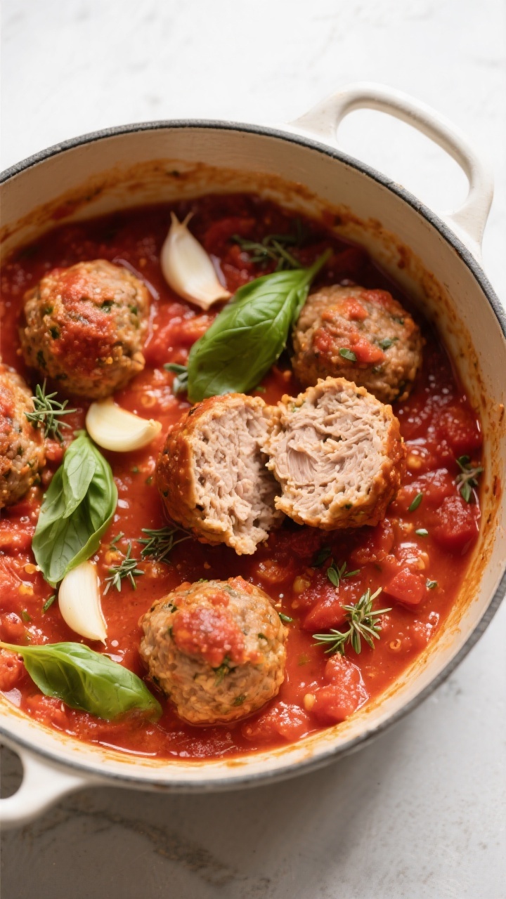 Tasty top view: Overhead shot of healthy turkey meatballs nestled in a bright, chunky marinara simme