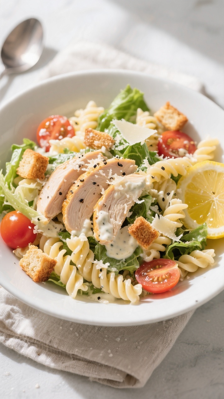 Tasty top view: Overhead shot of High Protein Chicken Caesar Pasta Salad in a wide white serving bow
