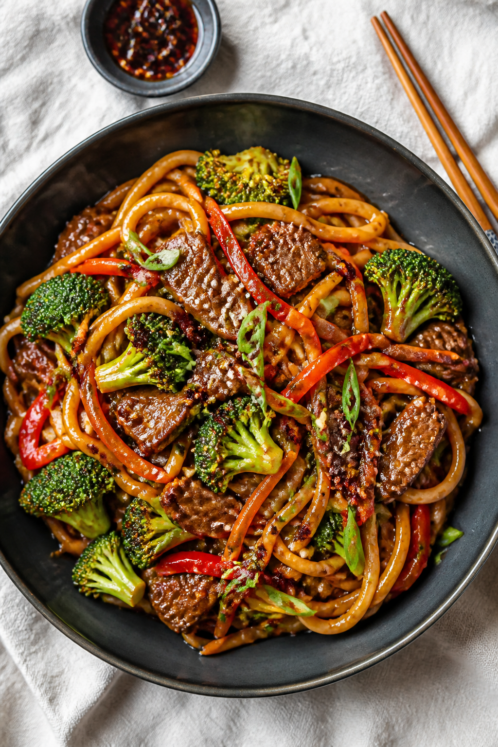 Tasty top view: Overhead shot of hoisin garlic beef noodles tossed in a silky, mahogany-brown sauce;