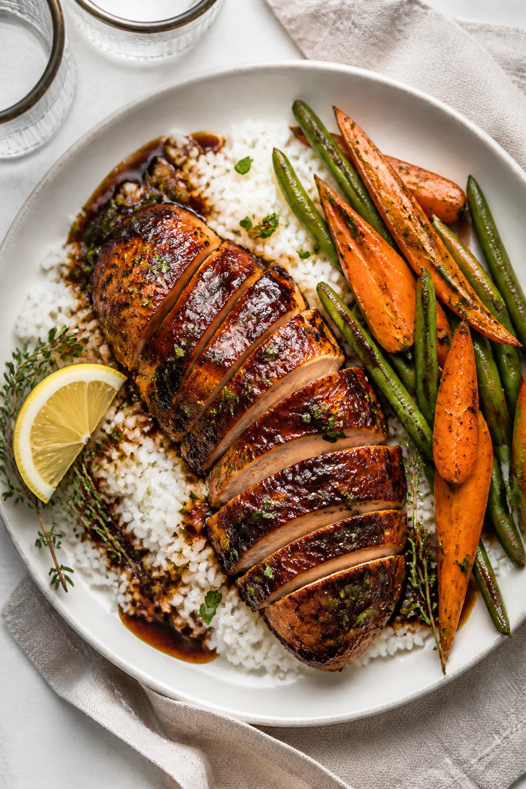 Tasty top view: Overhead shot of Honey Balsamic Chicken Thighs sliced and fanned over fluffy white r