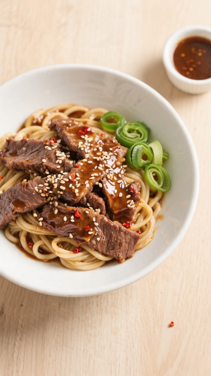 Tasty top-view: Overhead shot of Honey Garlic Beef noodle bowl—glossy beef ribbons atop chewy udon