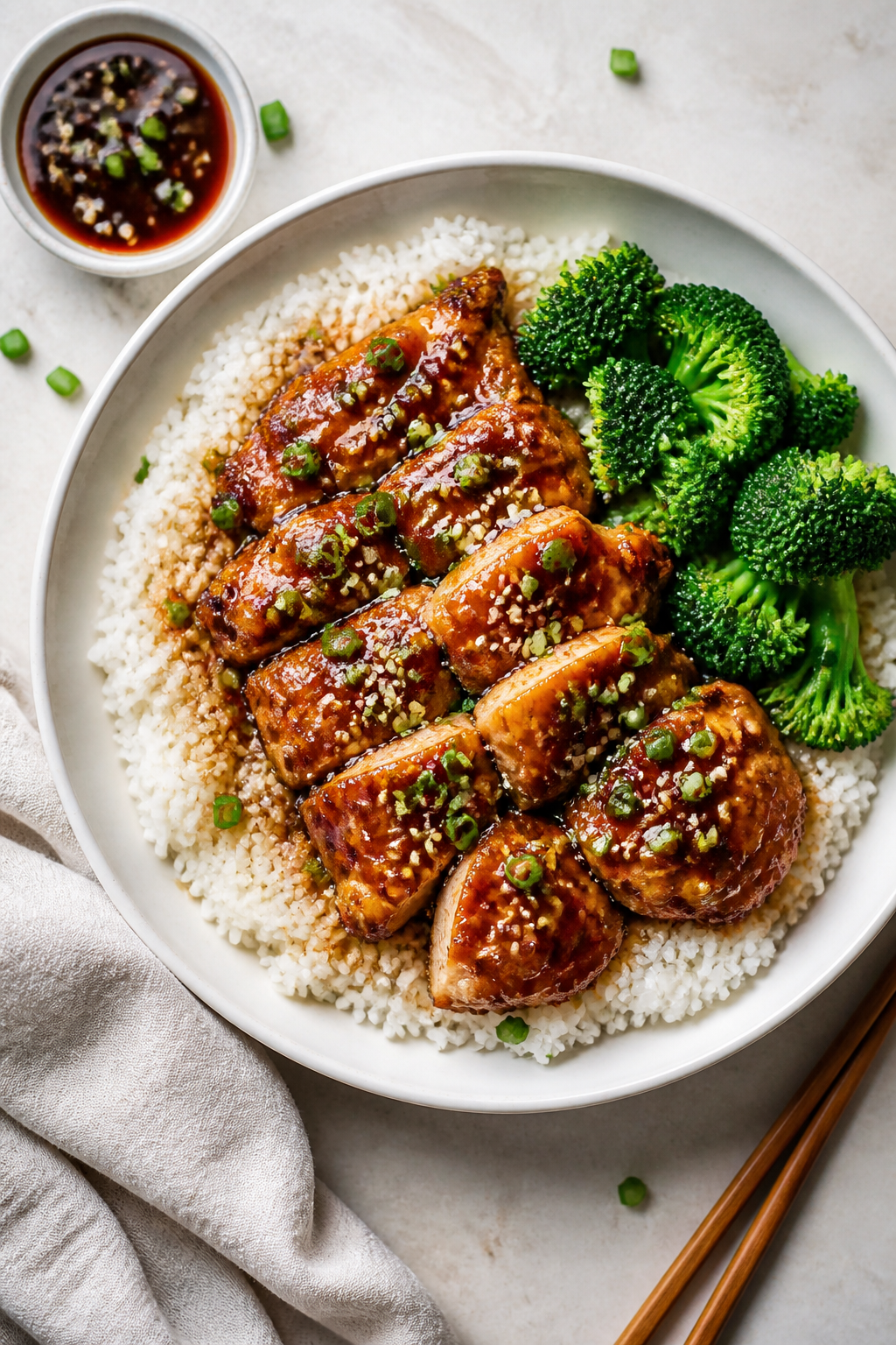Tasty top view: Overhead shot of honey garlic chicken thighs served over fluffy jasmine rice in a wi