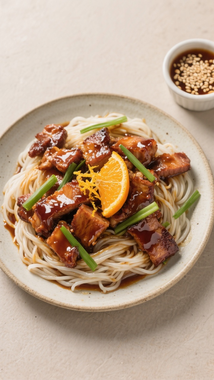 Tasty top view: Overhead shot of honey soy glazed pork tossed with rice noodles in a shallow stonewa