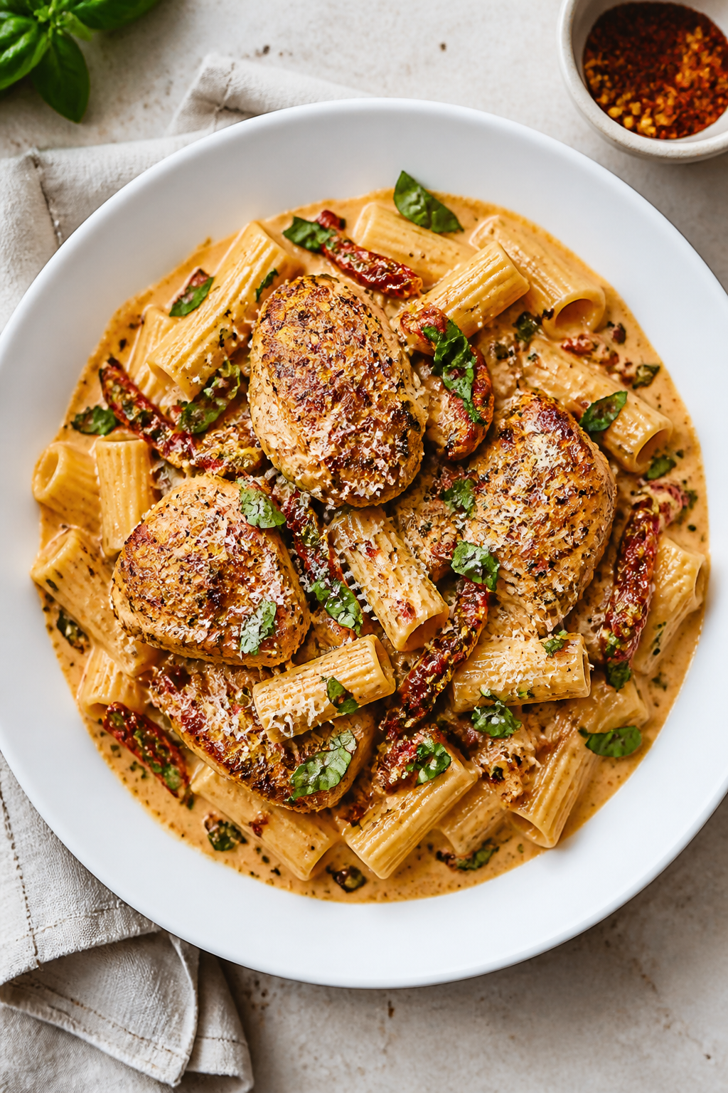 Tasty top view: Overhead shot of Marry Me Chicken Thighs served over al dente rigatoni, sauce genero