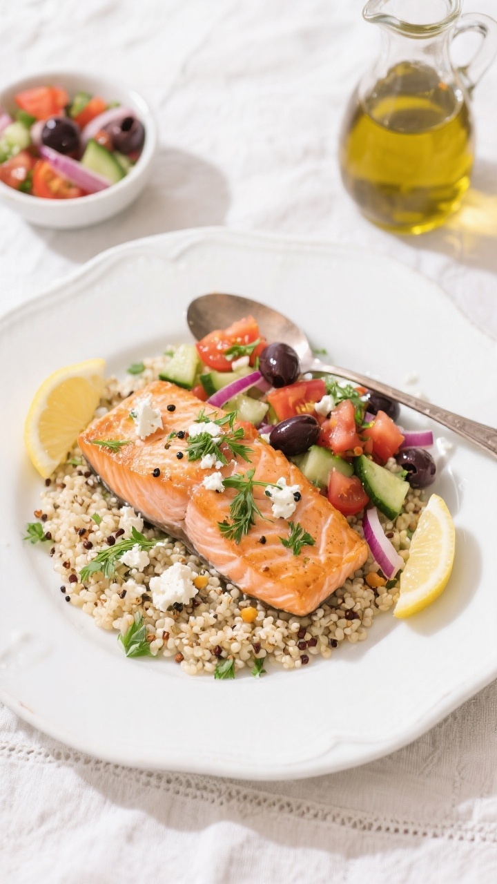 Tasty top view: Overhead shot of Mediterranean Salmon with Quinoa plated—fluffy quinoa base, a sal