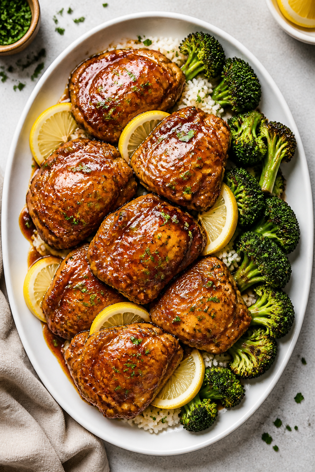 Tasty top view: Overhead shot of Melt In Your Mouth Honey Chicken Thighs plated family-style on a wi