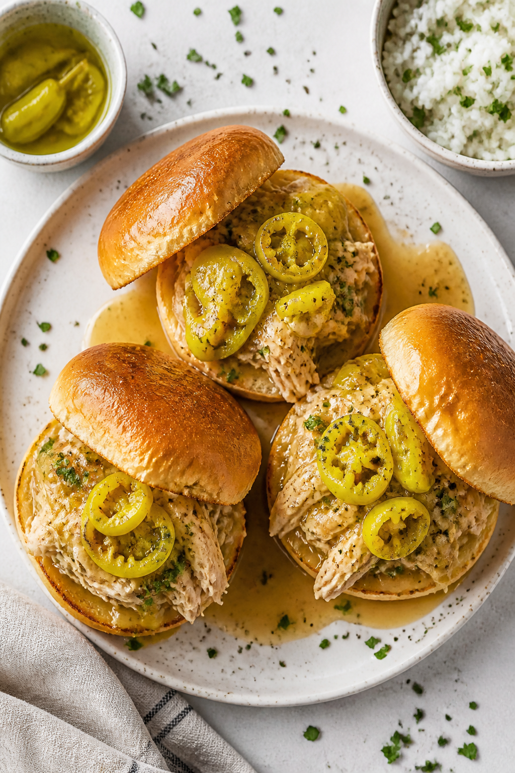 Tasty top view: Overhead shot of Mississippi chicken sandwiches—buttered toasted rolls piled with